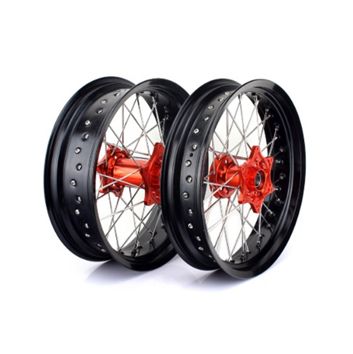 Supermoto wheel set KTM/Husqvarna 17x3.50 spindle 22mm/17x5.00 spindle 20mm orange hub Enduro Expert SRS1717OREE
